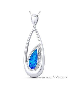Long Tear-Drop Charm Created Opal & CZ Crystal Pendant in .925 Sterling Silver